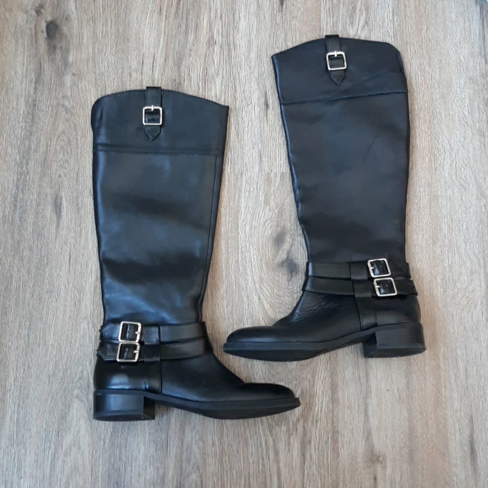 Genuine Leather Size 6 Black Knee High Boots with Silver Buckles